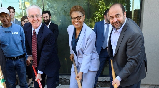 Council President Paul Krekorian, Mayor Karen Bass and former State Assemblymember Adrin Nazarian break ground for the TUMO Learning Center in North Hollywood.