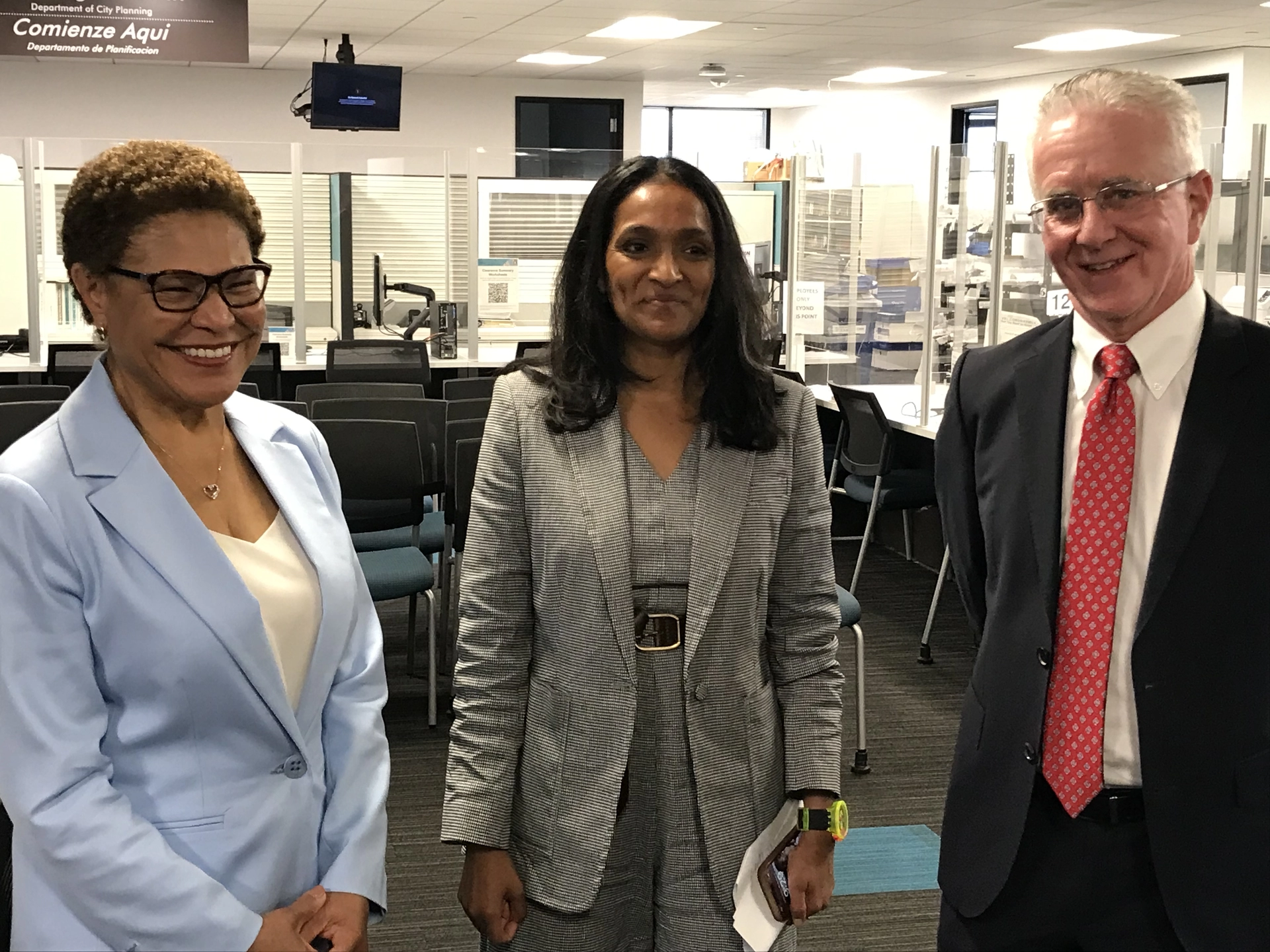 Mayor Bass, Councilmember Raman and Council President Krekorian  at the City's Development Services Center where permits are processed.